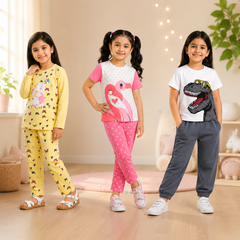 Yellow Butterfly Print Set & Pink Flamingo Print Set & White Dinosaur Graphic Set  (  Pack of Three )