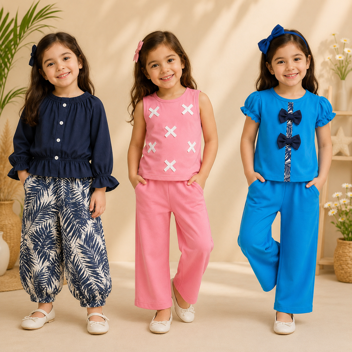 Navy Blue Ruffle-Sleeve Button Front & Pink Sleeveless Cross-Print Top & Royal Blue Bow-Detail Puff-Sleeve Top With Pants (  Pack of Three )