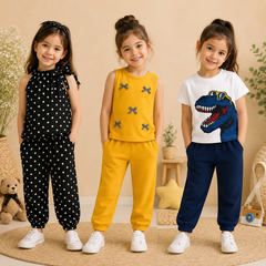 Black Polka Dot Sleeveless Top & Mustard Yellow Sleeveless Top & White Dinosaur Printed T-Shirt with Navy Blue Jogger Pants (  Pack of Three )