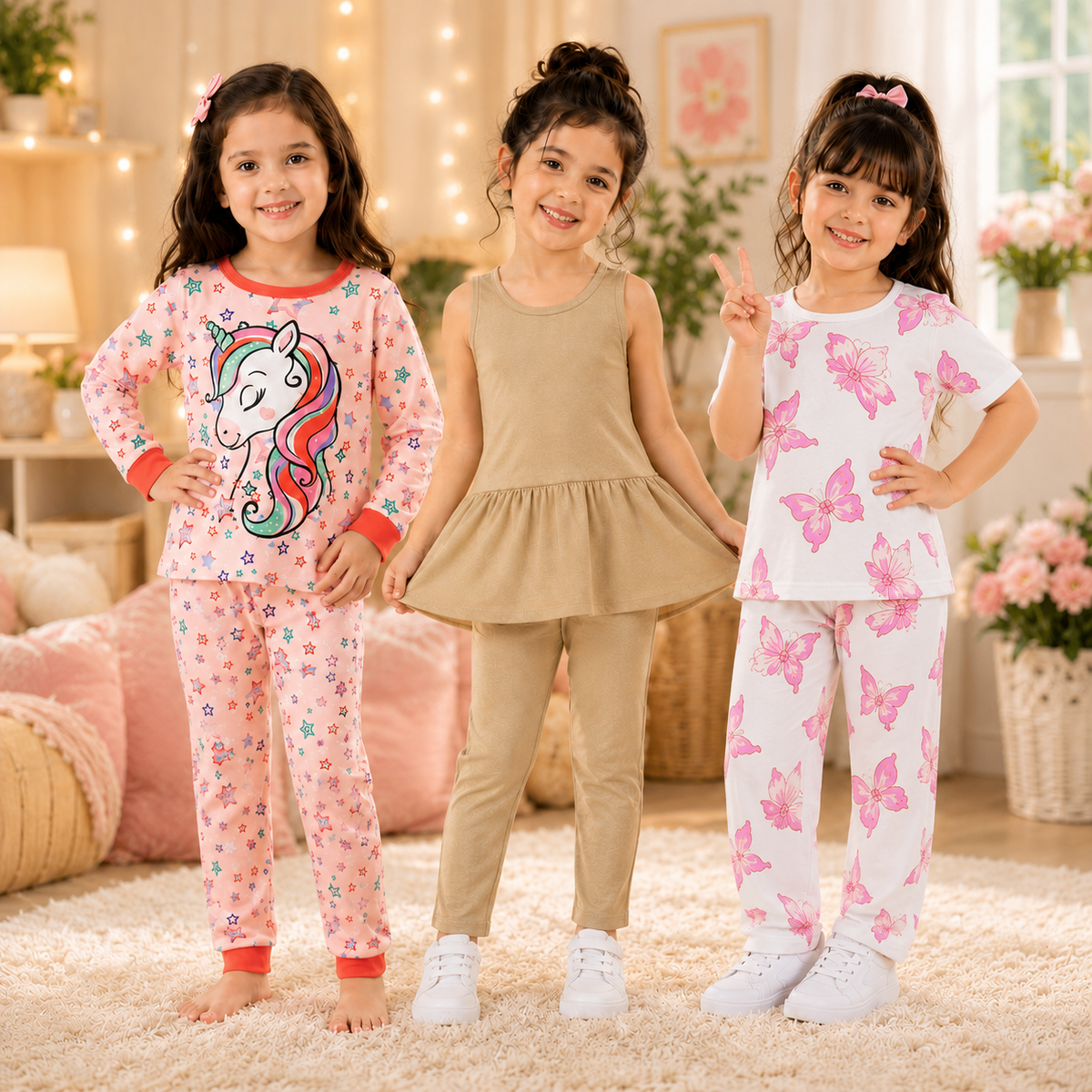 Unicorn Printed Pajama Set & Solid Flared Dress  Leggings Set & Butterfly Printed Co-Ord Set (  Pack of Three )