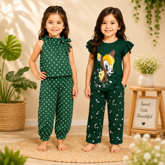 Green Deer Printed & Green Polka Dot Co-Ord Set – Stylish 2-Piece Summer Outfits ( Pack of two )