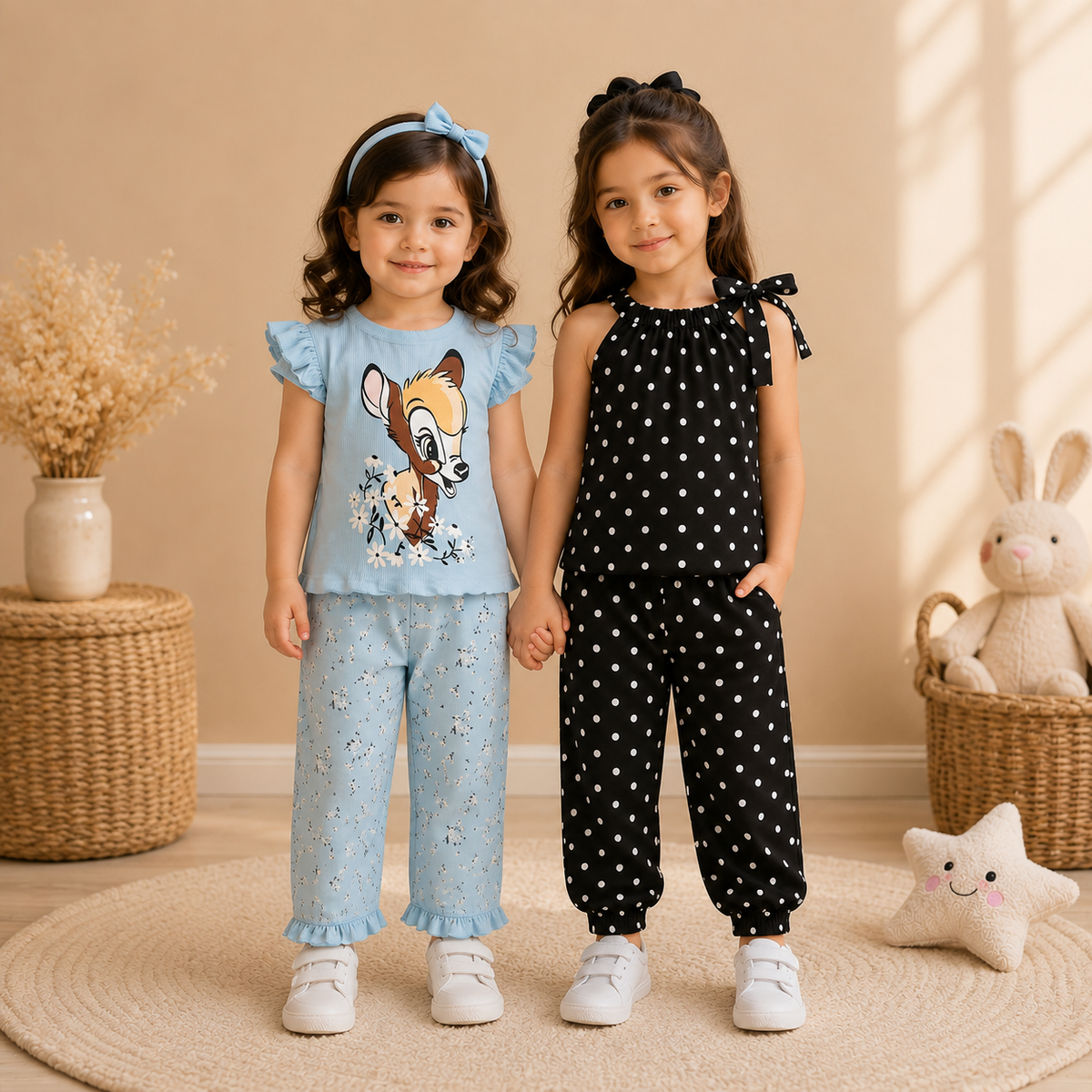 Black Polka Dot Bow Top & Fawn Print Ruffle Sleeve Set ( Pack of two )