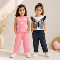 Pink X-Print & Butterfly Graphic Co-Ord Set  ( Pack of two )