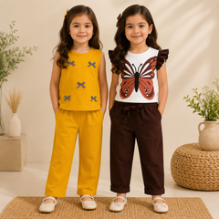 Girls’ Stylish Butterfly & Bow Detail 2-Piece Outfits  ( Pack of two )
