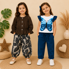 Brown & Black Printed Outfit & Blue Butterfly Outfit ( Pack of two )