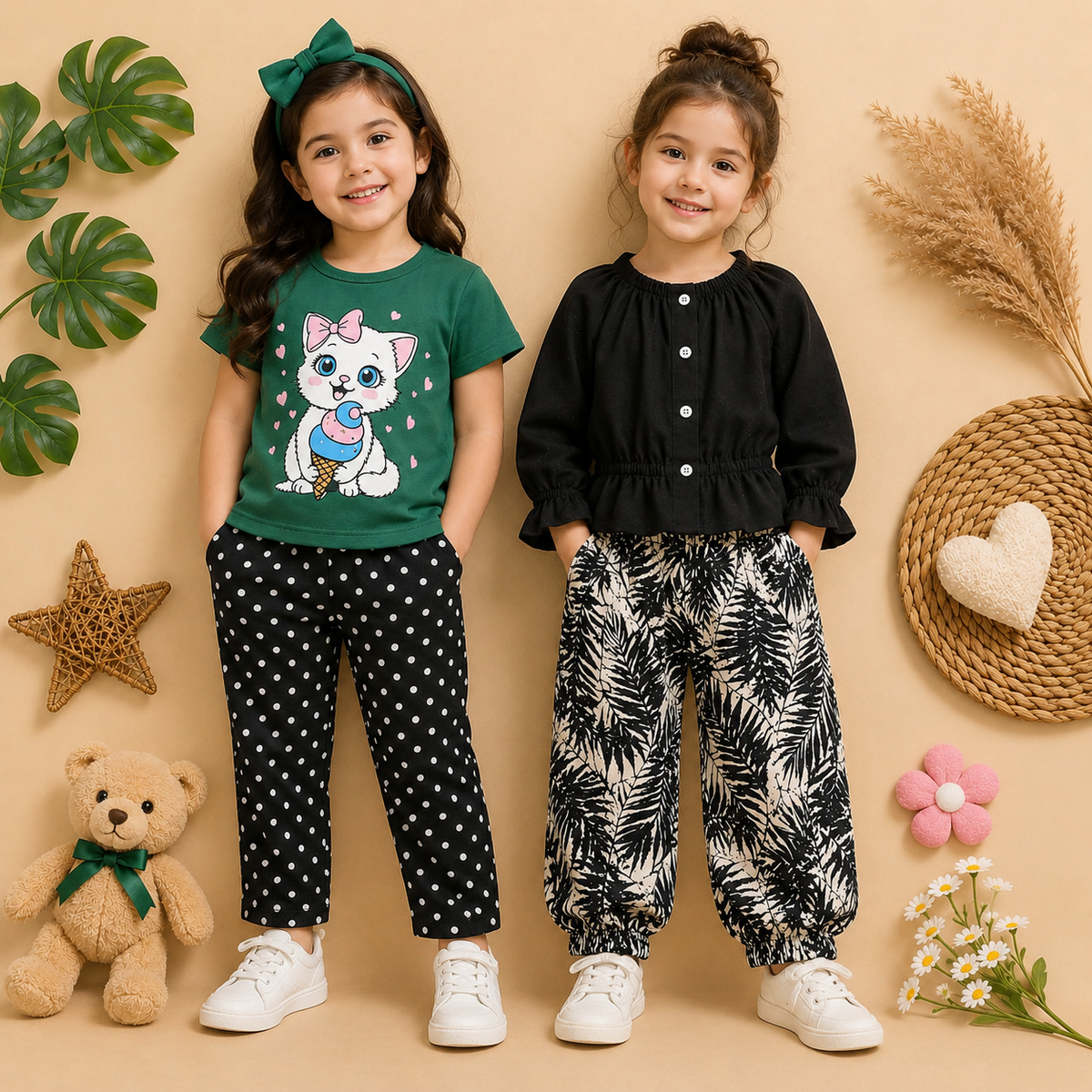 Cat Graphic T-Shirt & Black Button Front Top Leaf Print Jogger Pants  ( Pack of two )