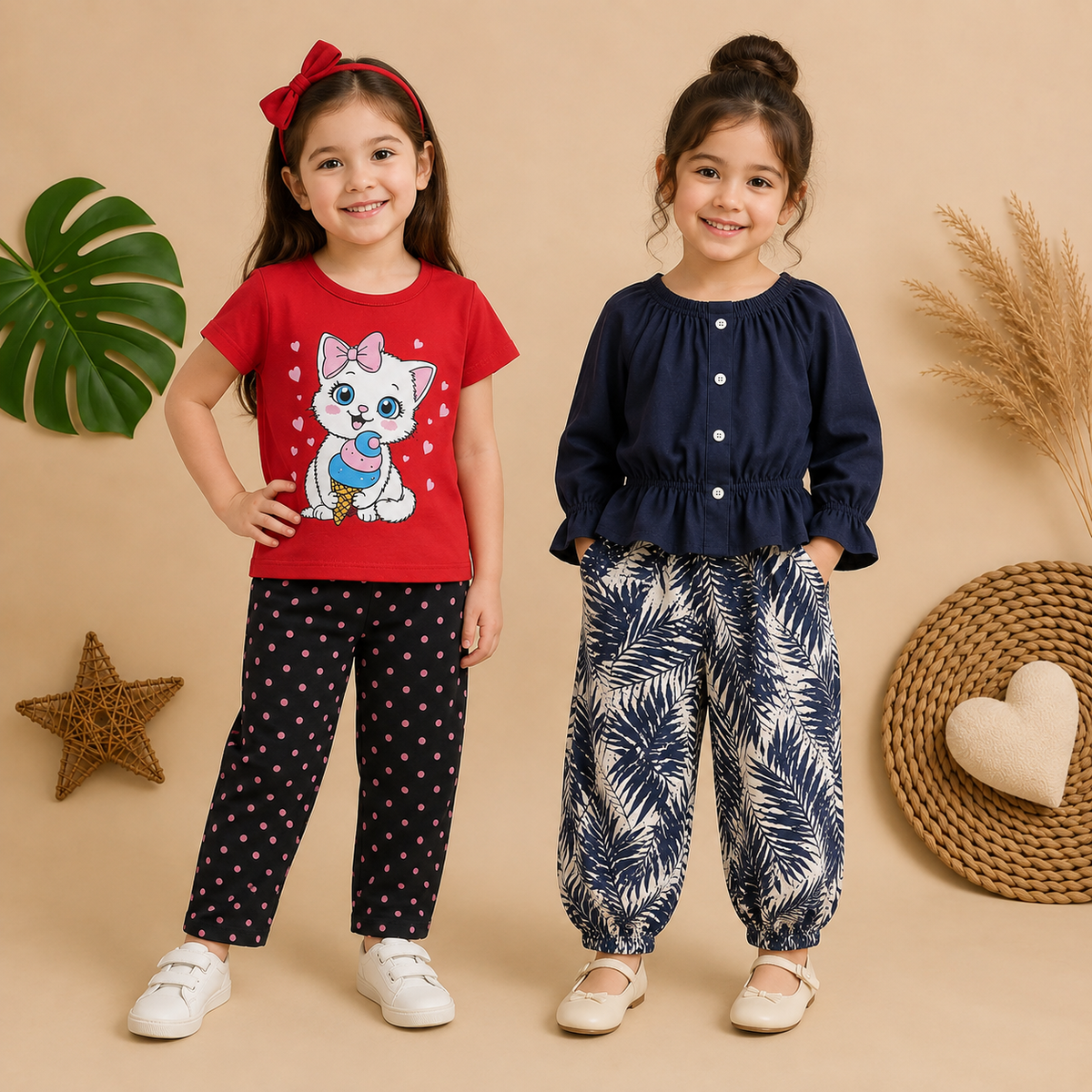 Graphic Cat Print  T-Shirt with Printed Pants & Navy Peplum Top with Leaf-Print Pants  ( Pack of two )