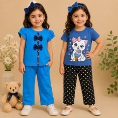 Blue Bow Detail T-Shirt & Matching Pants Set & Girls Cat Print T-Shirt & Black Polka Dot Pants Set ( Pack of two )