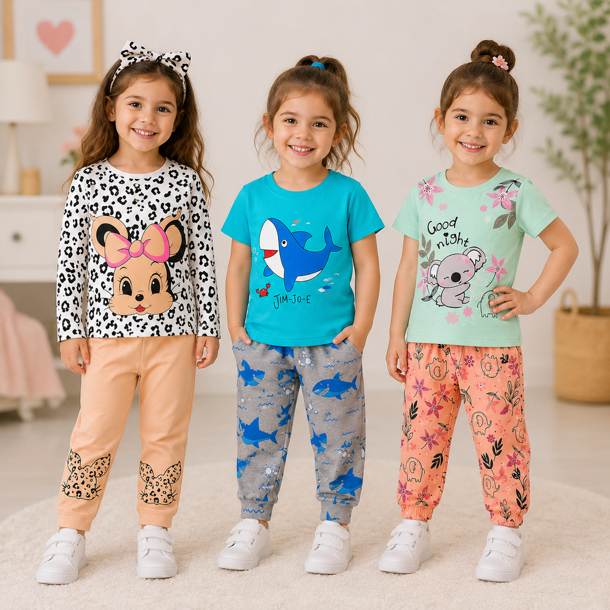 Leopard Bunny, Shark & Koala Girls T-Shirt & Trouser Set – Pack of 3