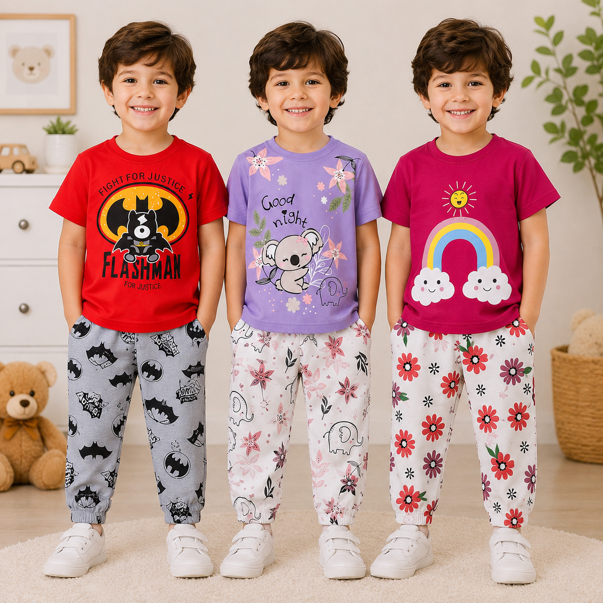 Flashman, Koala & Rainbow Kids T-Shirt & Trouser Co-Ord Set – Pack of 3