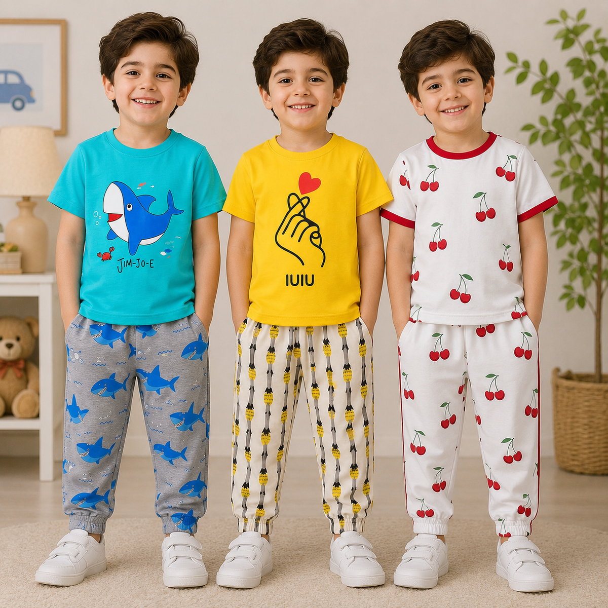 Shark, Finger Heart & Cherry Print Boys T-Shirt & Trouser Co-Ord Set – Pack of 3