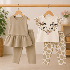 Cotton Sleeveless & Giraffe Print Night Suit Set  Pack of 2