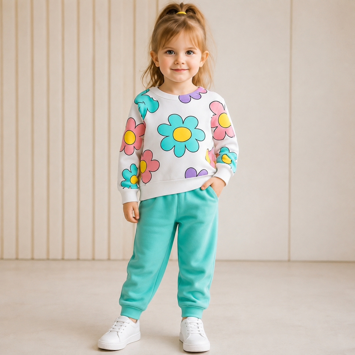 colourfull daisy flowers printed kids suit for winter