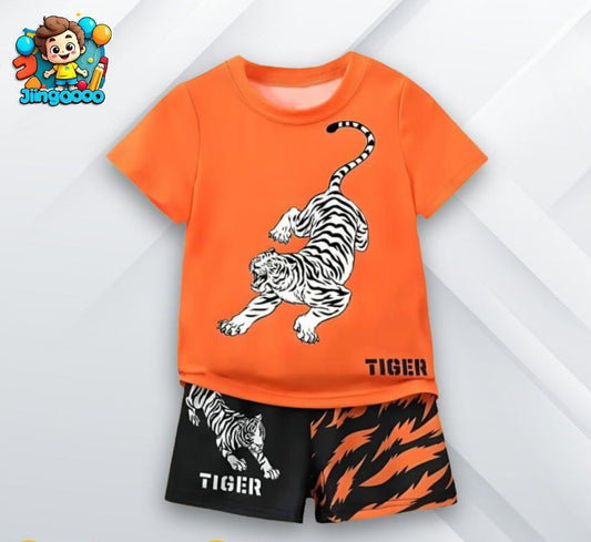 ORANGE & BLACK TIGER PRINTED SHORT SLEEVE KIDS WEAR