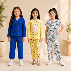 Blue Hearts, Yellow Bunny & Cartoon Print Girls’ Co-Ord Set – Pack of 3