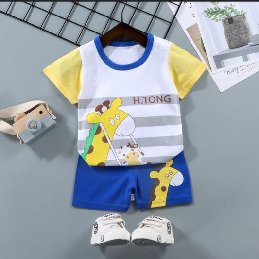 YELLOW AND BLUE PRINTED SHORT SLEEVE KIDS WEAR