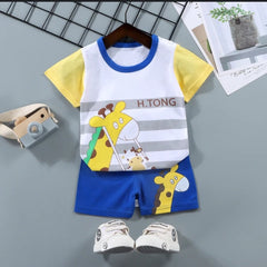 YELLOW GIRAFFE PRINTED SHORT SLEEVE KIDS WEAR