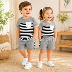 GREY AND WHITE PANEL  SHORTS SET