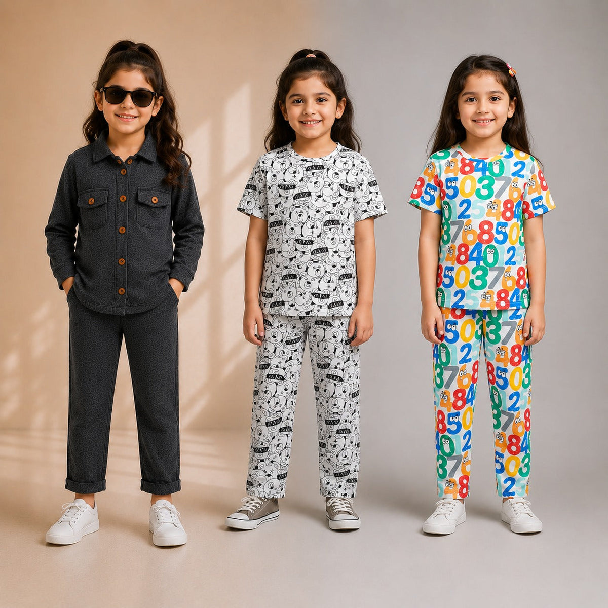 Black Casual, Cartoon & Colorful Numbers Girls’ Co-Ord Set – Pack of 3