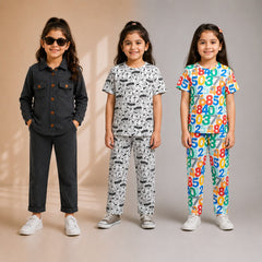 Black Casual, Cartoon & Colorful Numbers Girls’ Co-Ord Set – Pack of 3