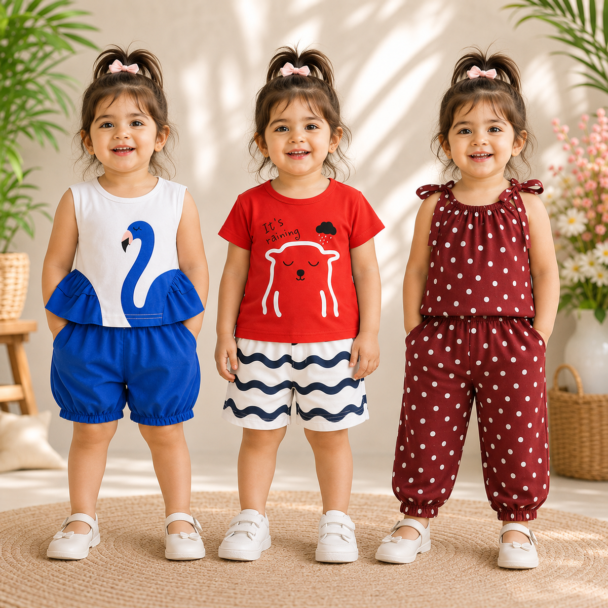 Pack of 3 Girls Summer Clothing Set (2–3 Years) | Flamingo, Polka Dot & Bear Cotton Outfit Combo