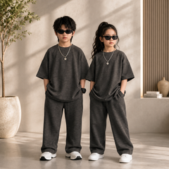 Charcoal Grey Kids Premium Oversized Co-Ord Set – Trendy T-Shirt & Trouser Outfit for Boys & Girls