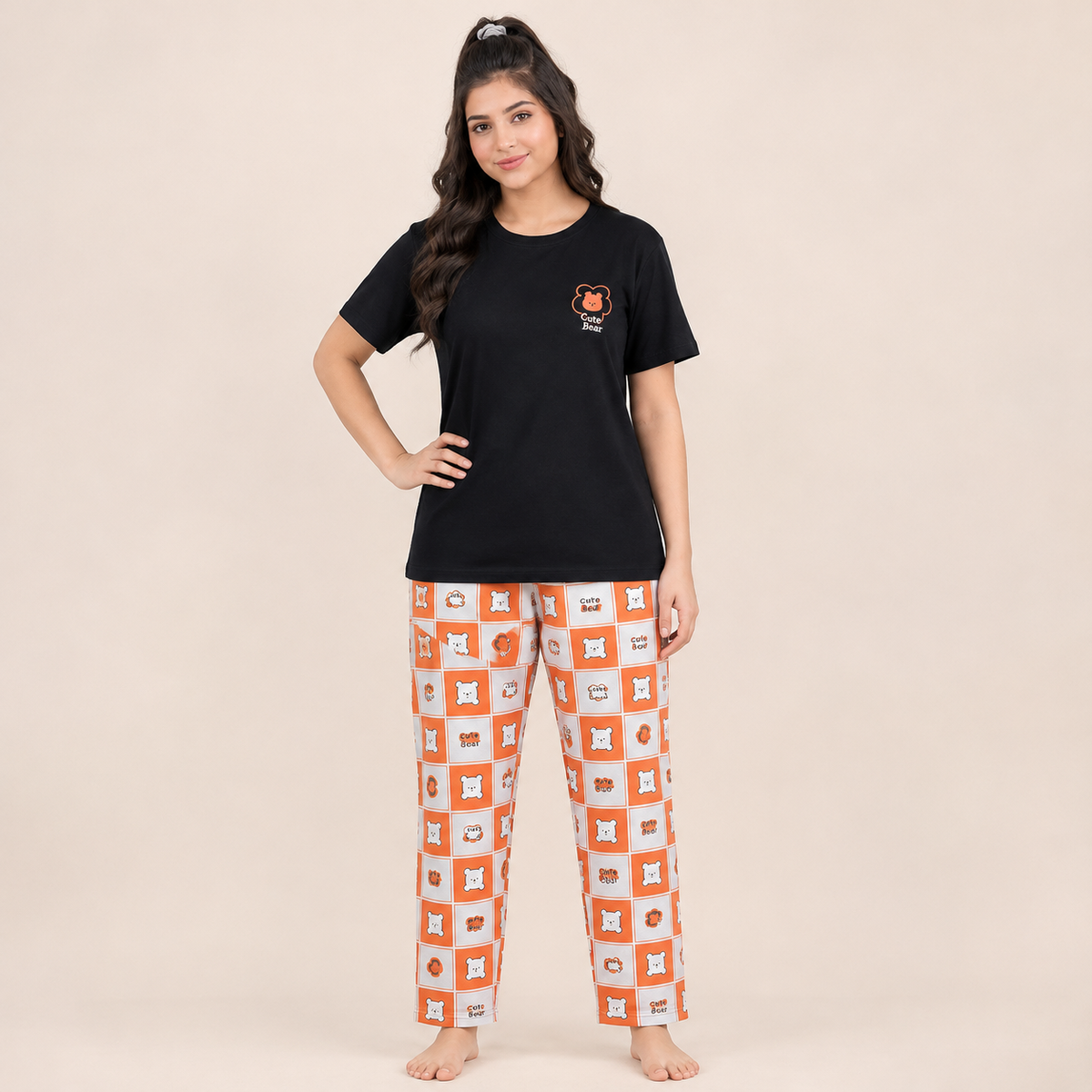 Cute Bear Black T-Shirt with Orange Printed Pajama Set for Women