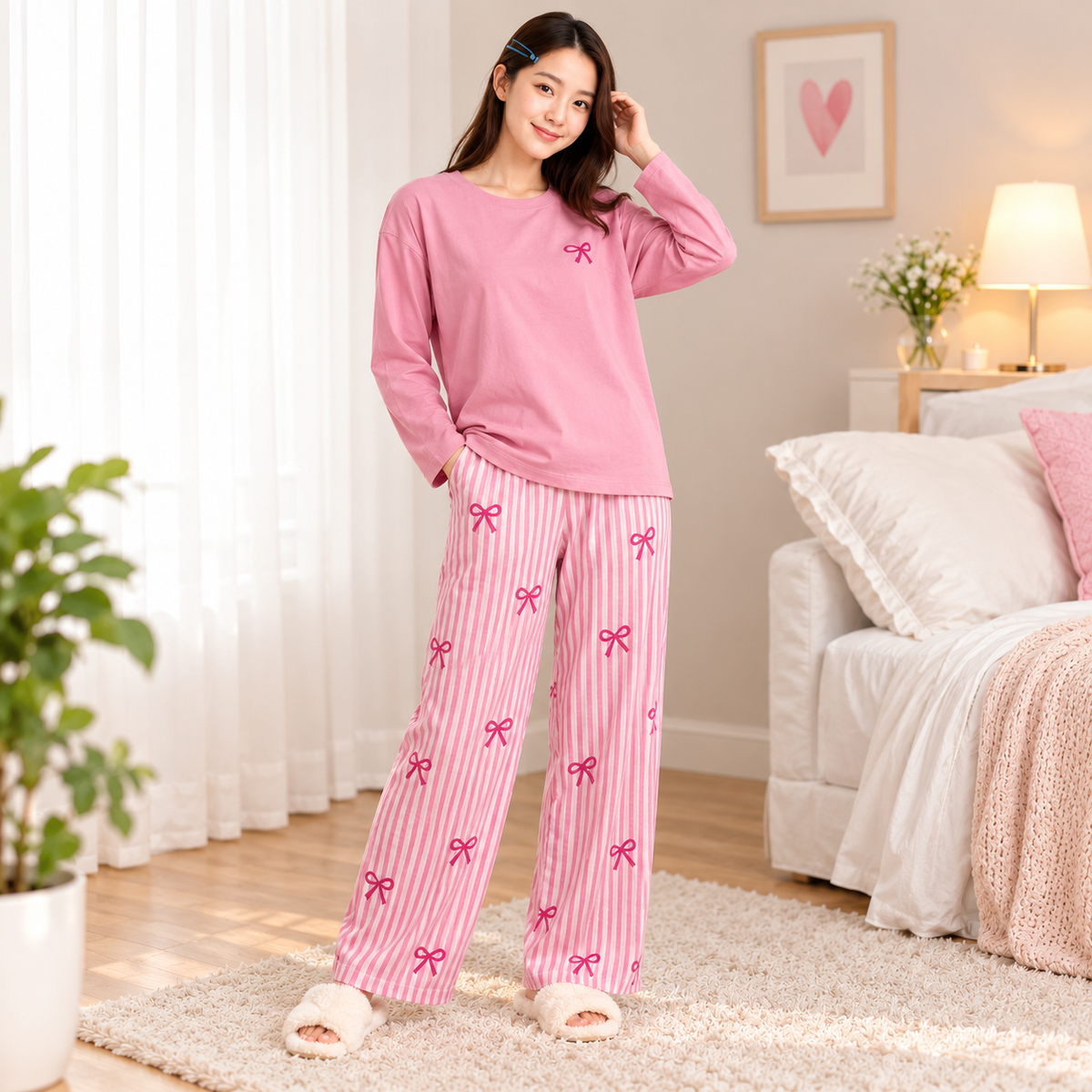 Pink Bow Printed Striped Women’s Night Suit – Full Sleeve Top & Pajama Set