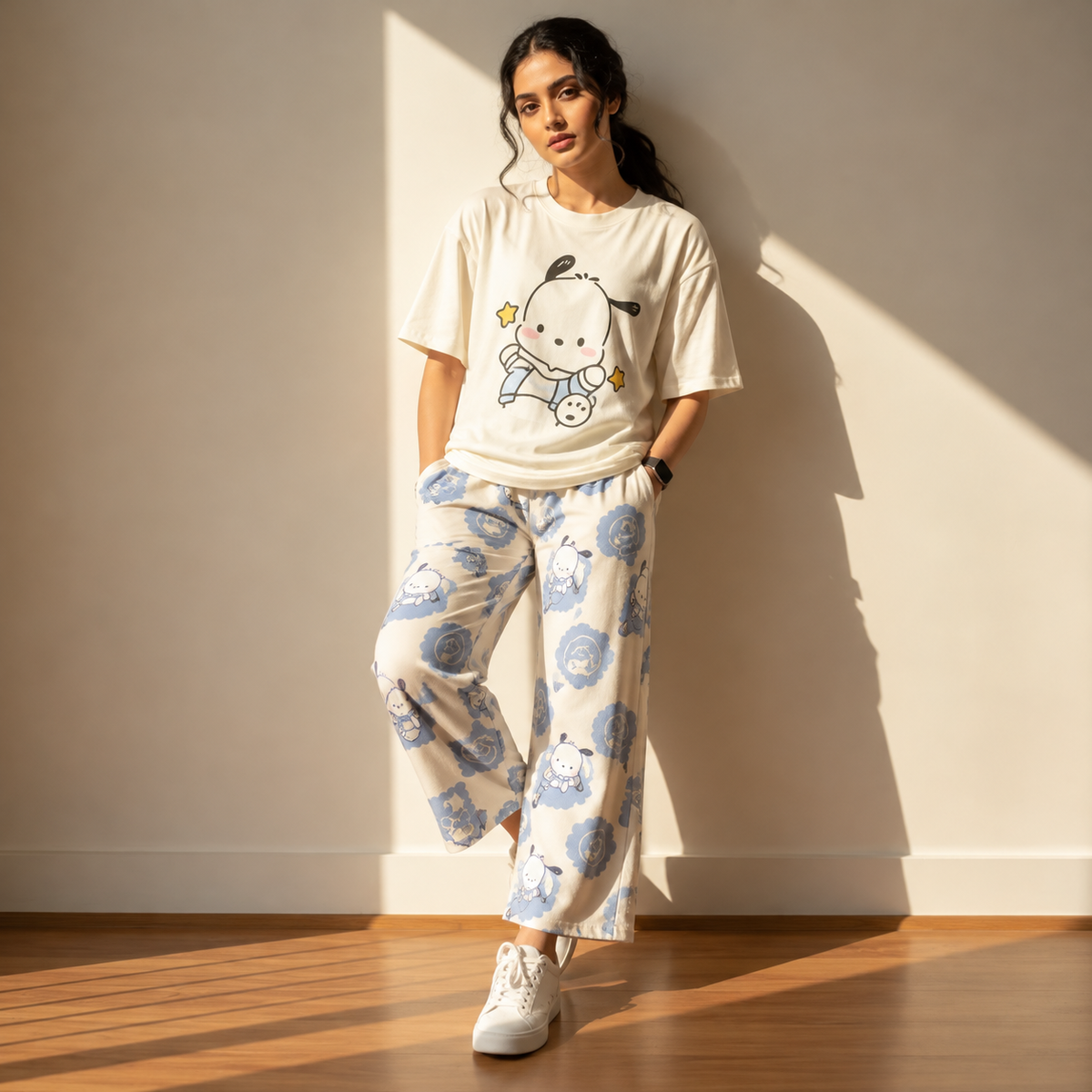 White Graphic T-Shirt with Blue Floral Cartoon Printed Wide-Leg Pajama Set for Women