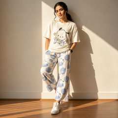 White Graphic T-Shirt with Blue Floral Cartoon Printed Wide-Leg Pajama Set for Women