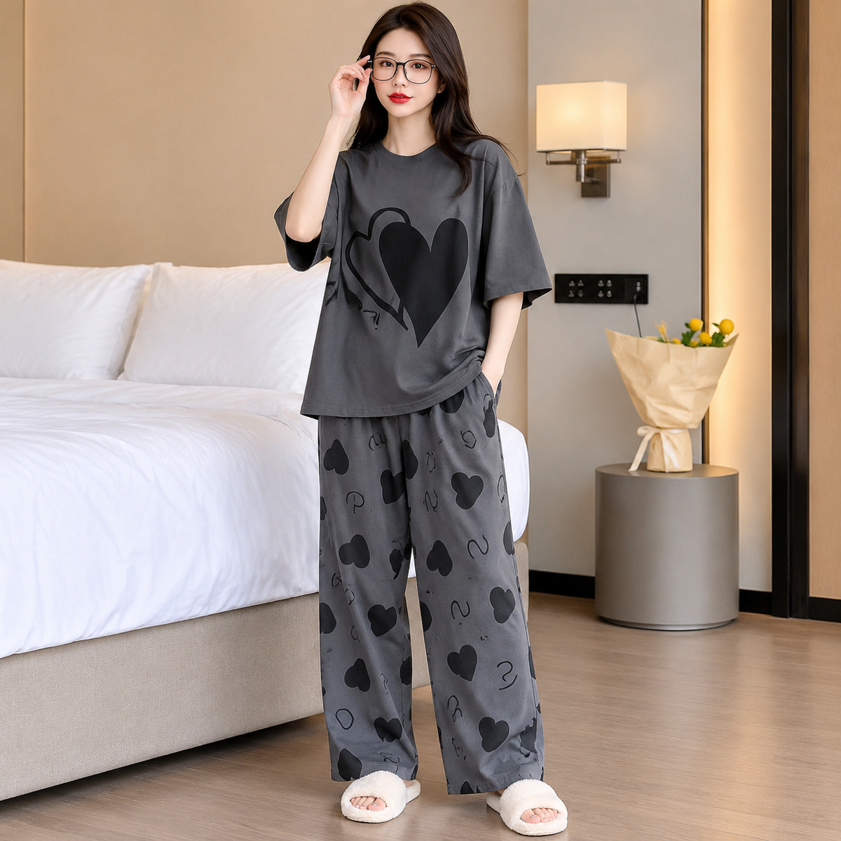 Charcoal Grey Heart Print Oversized T-Shirt & Wide-Leg Pajama Set for Women