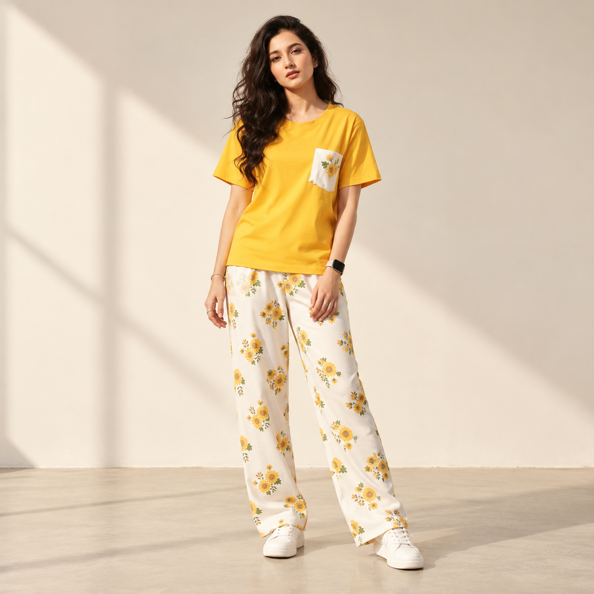 Sunflower Print Yellow T-Shirt & Floral Pajama Set for Women