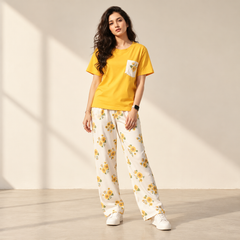 Sunflower Print Yellow T-Shirt & Floral Pajama Set for Women
