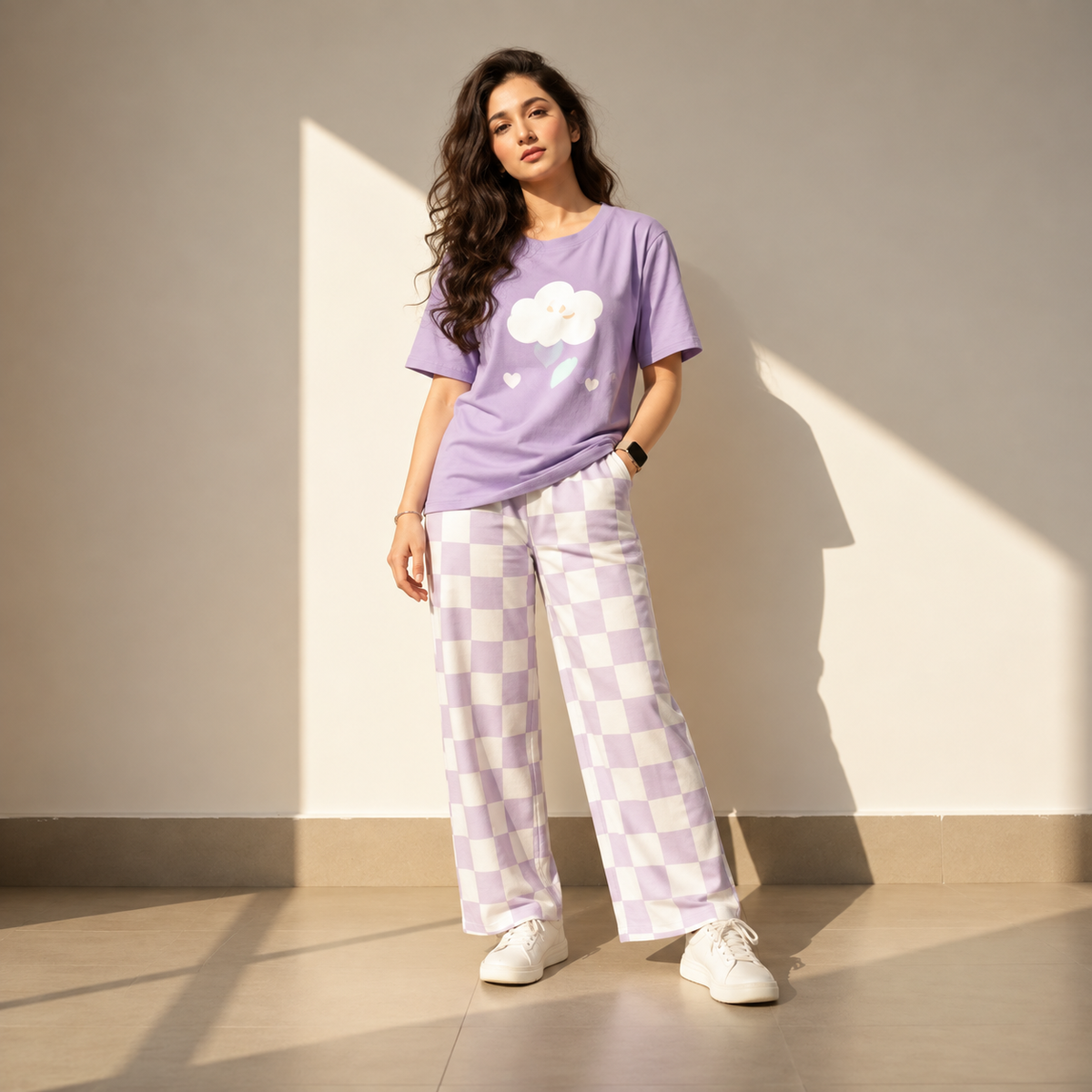 Lavender Cloud Print T-Shirt with Lilac Checkerboard Wide-Leg Pajama Set