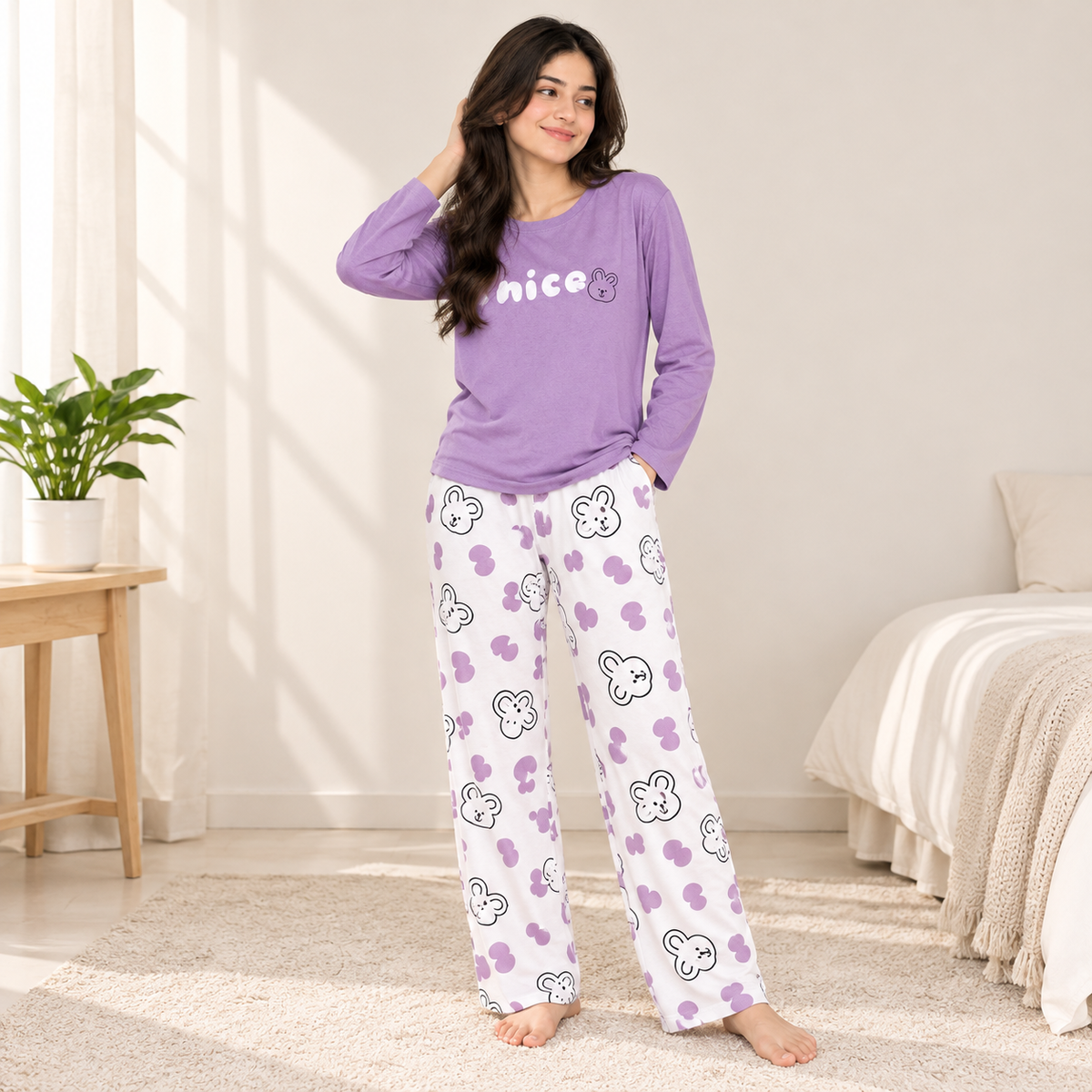 Lavender Nice Bunny Print Women’s Pajama Set – Full Sleeve Top & Printed Trouser