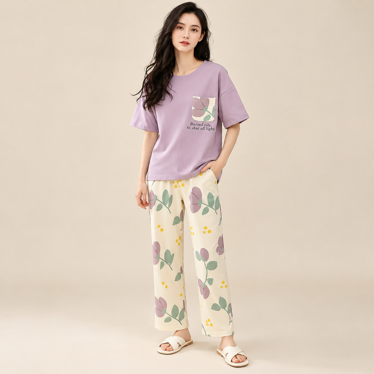 Lavender Floral Printed T-Shirt & Cream Wide-Leg Pajama Set – Article LP-01