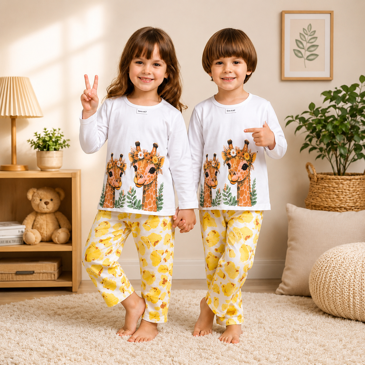 White Safari Giraffe Printed Kids Wear